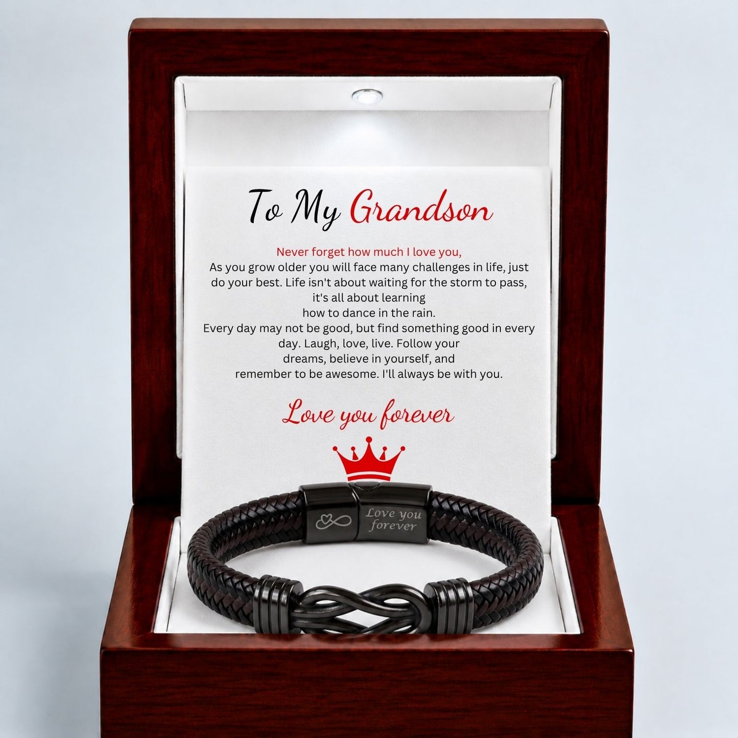 To my Grandson - Engraved Black Infinity Bracelet - Love you forever