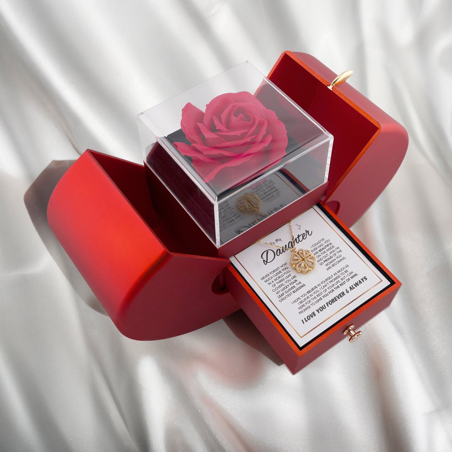 Daughter's 4-Leaf Clover "Lucky Charm" Necklace w/Forever Rose Gift Box