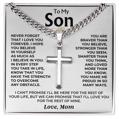 To My Son - Love Mom - Artisan Cross on Cuban Link - Gift Set - SS542SM