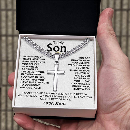 To My Son - Love Mom - Artisan Cross on Cuban Link - Gift Set - SS542SM