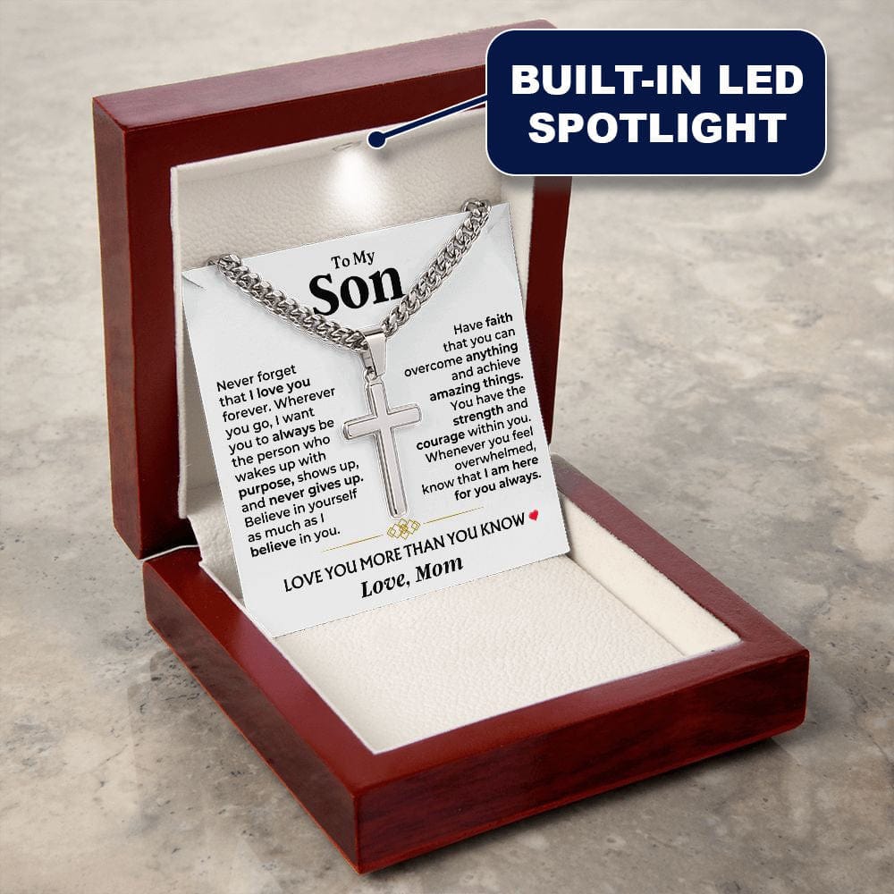 To My Son - Love Mom - Artisan Cross on Cuban Link - Gift Set - SS542SM