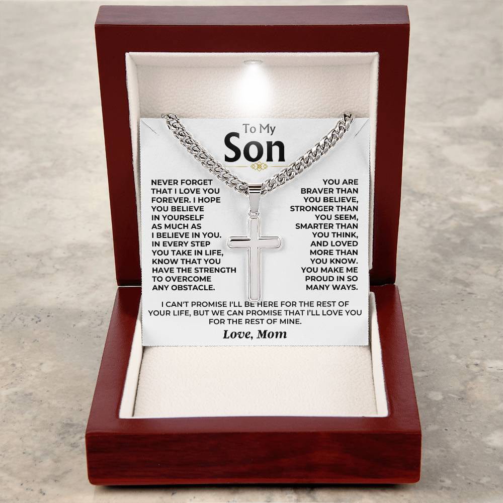 To My Son - Love Mom - Artisan Cross on Cuban Link - Gift Set - SS542SM