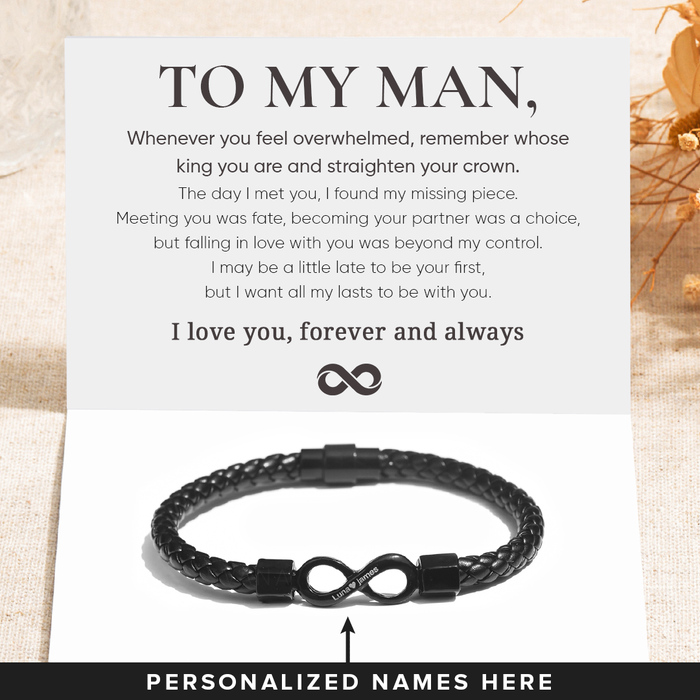 To My Man, Personalized Dual Name Infinity Leather Bracelet