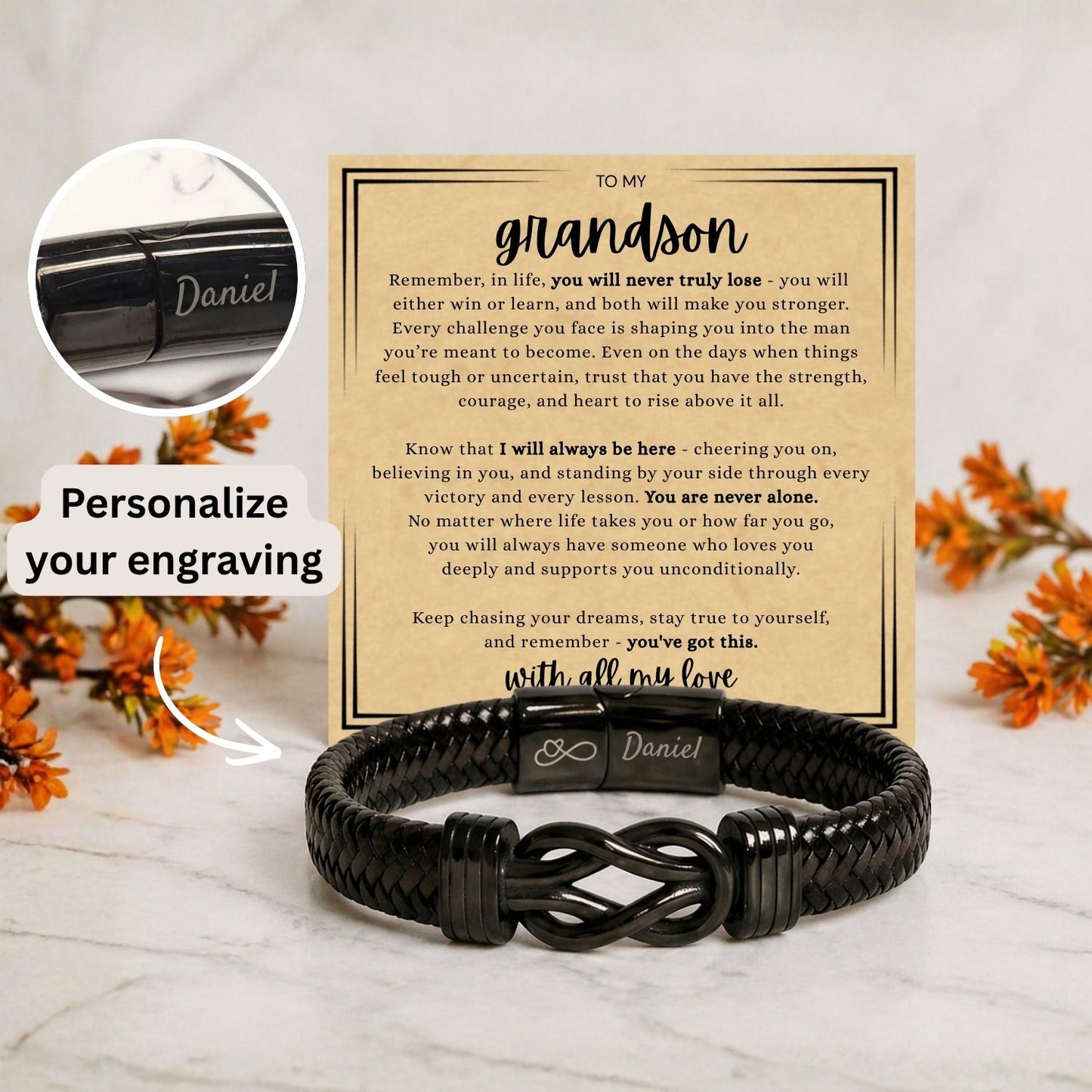 To my Grandson - Engraved Black Infinity Bracelet -  With all the love