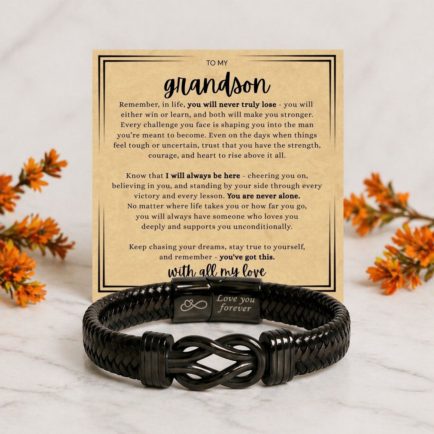 To my Grandson - Black Infinity Bracelet -  With all the love