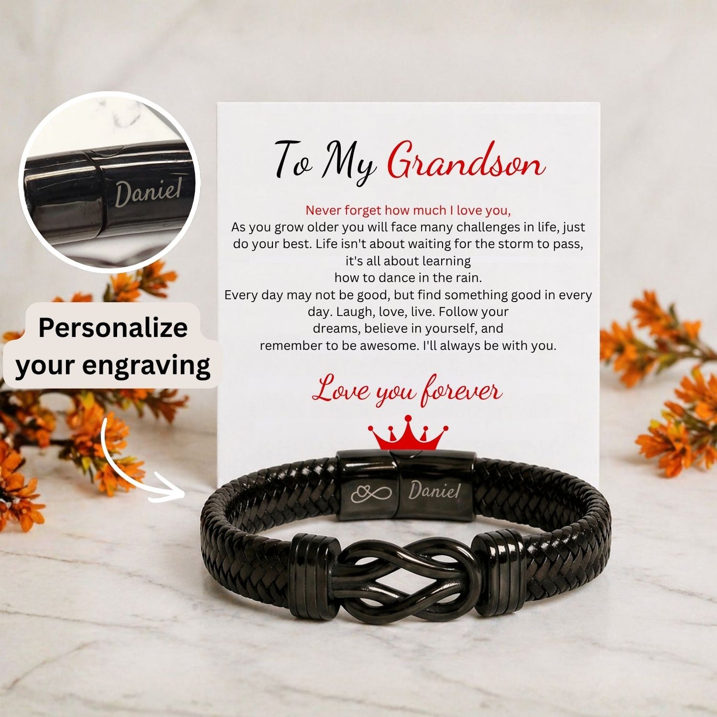 To my Grandson - Engraved Black Infinity Bracelet -  Love you forever