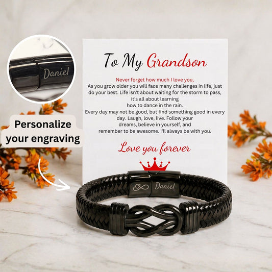 To my Grandson - Engraved Black Infinity Bracelet -  Love you forever