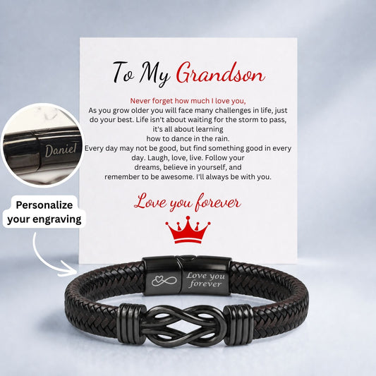 To my Grandson - Engraved Black Infinity Bracelet -  Love you forever