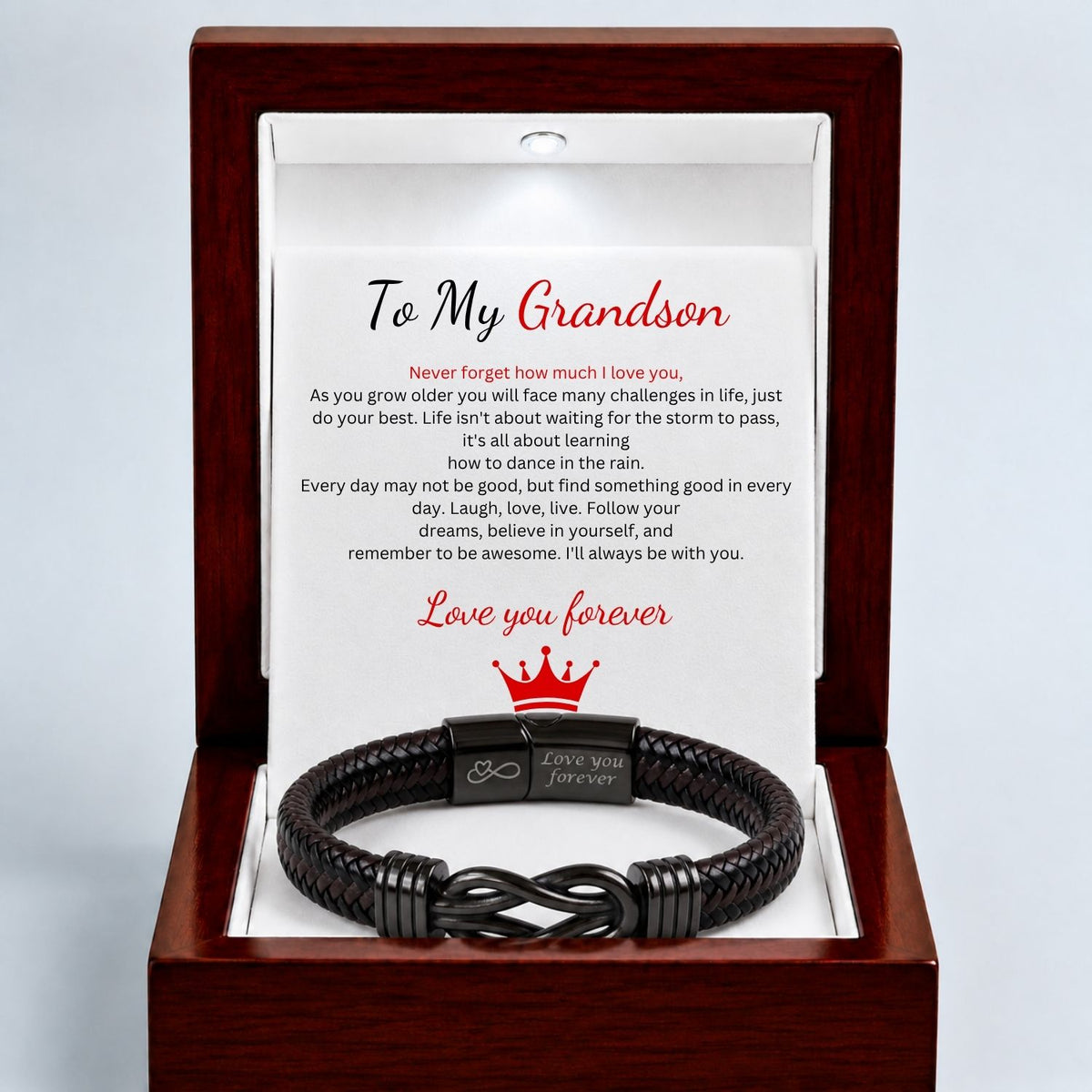To my Grandson - Engraved Black Infinity Bracelet -  Love you forever