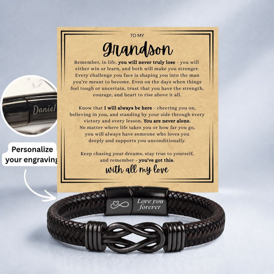 To my Grandson - Engraved Black Infinity Bracelet -  With all the love