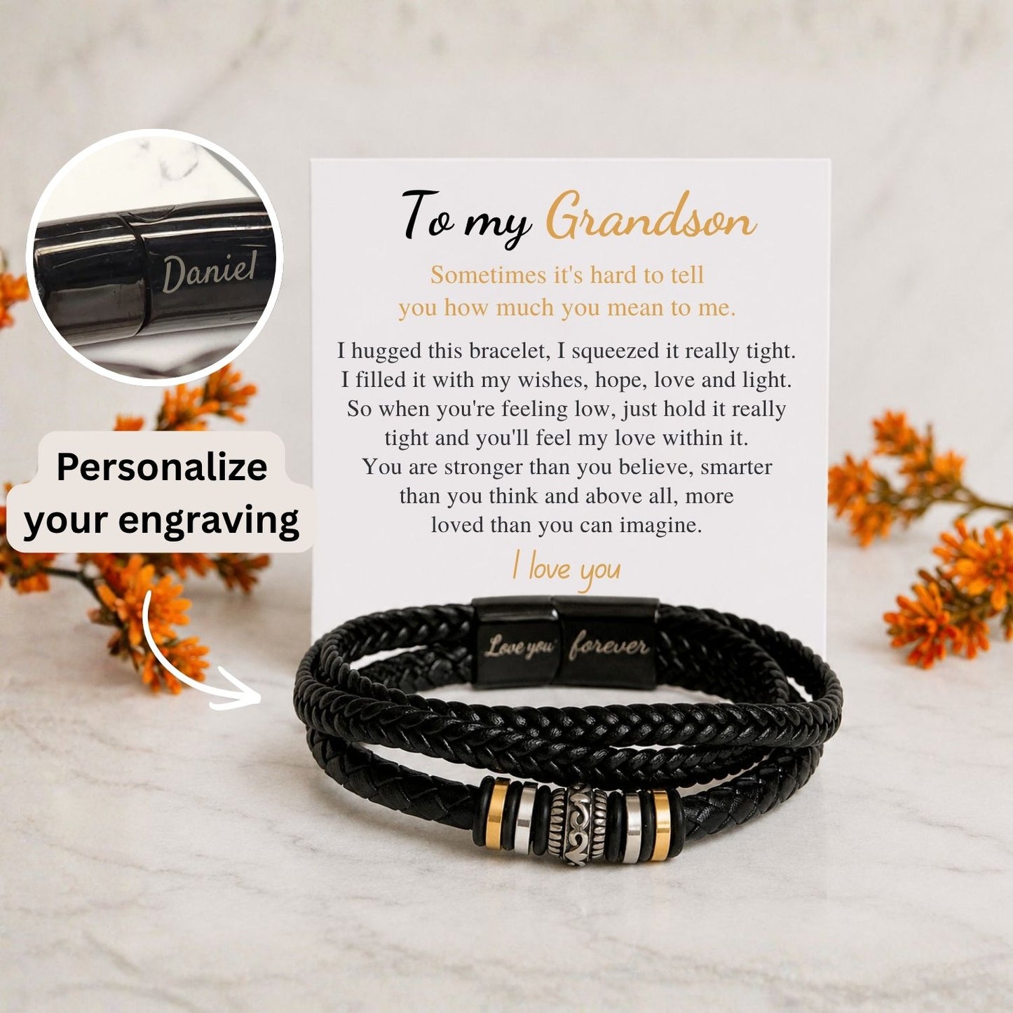 To my grandson - Engraved Black Braided Bead Bracelet