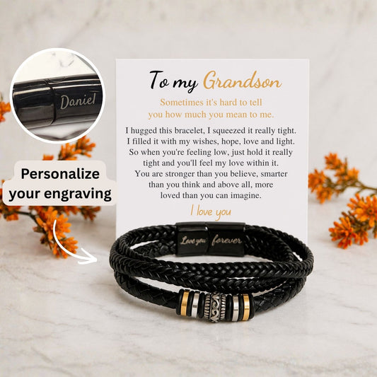 To my grandson - Engraved Black Braided Bead Bracelet