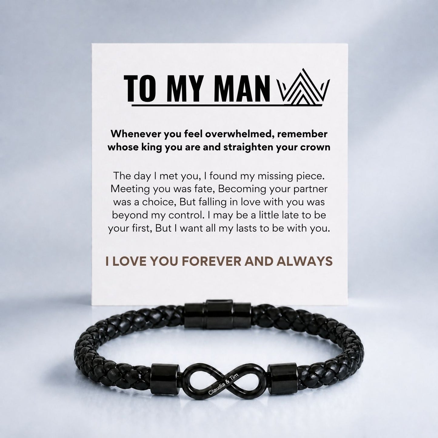 To My Man, Personalized Dual Name Infinity Leather Bracelet