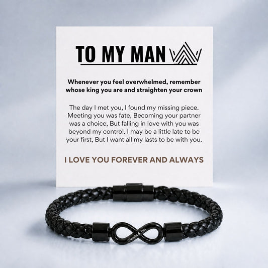 To My Man, Personalized Dual Name Infinity Leather Bracelet