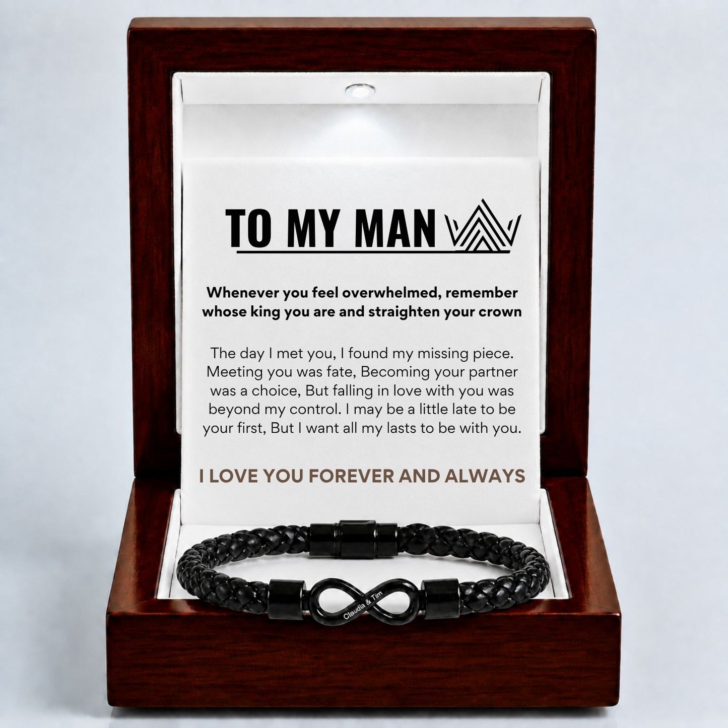 To My Man, Personalized Dual Name Infinity Leather Bracelet