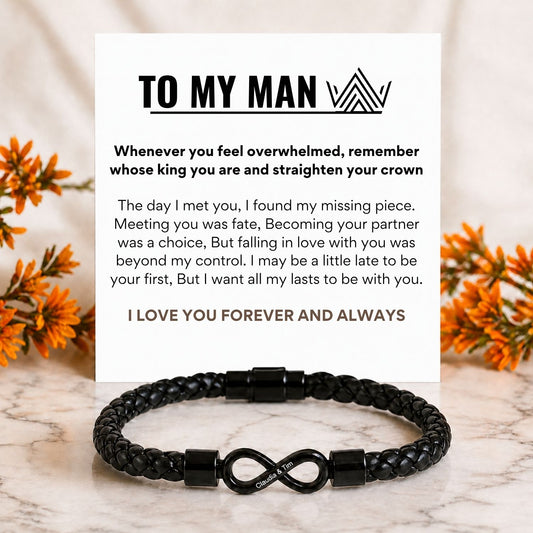 To My Man, Personalized Dual Name Infinity Leather Bracelet
