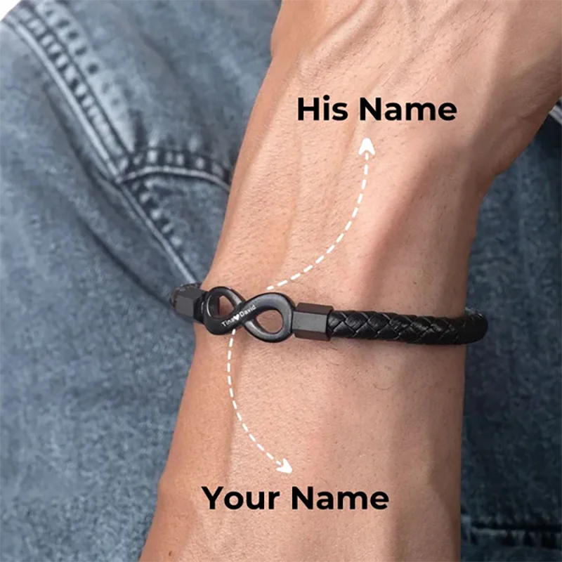 To My Man, Personalized Dual Name Infinity Leather Bracelet