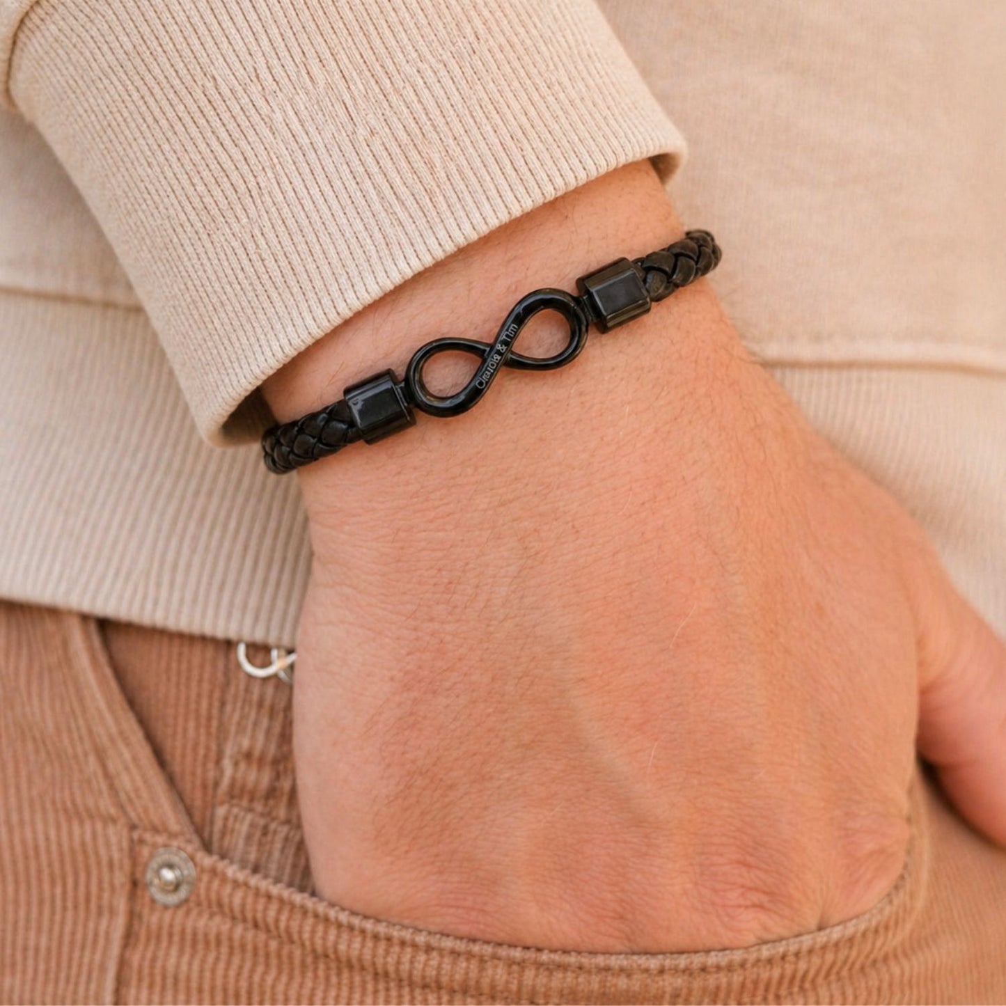 To My Man, Personalized Dual Name Infinity Leather Bracelet