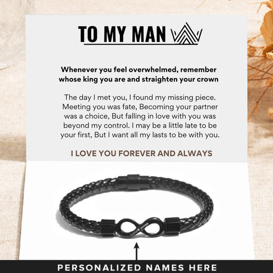 To My Man, Personalized Dual Name Infinity Leather Bracelet